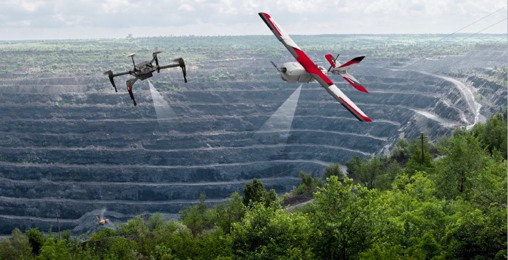 Drones flying over a mine